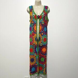 Womens Crochet Duster Cardigan S Festival Coachella Hippie Boho 70s Rainbow
